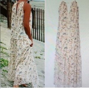 Anthropologie DREW Cream, Brown, Gray Floral Print Tiered Maxi Dress size L